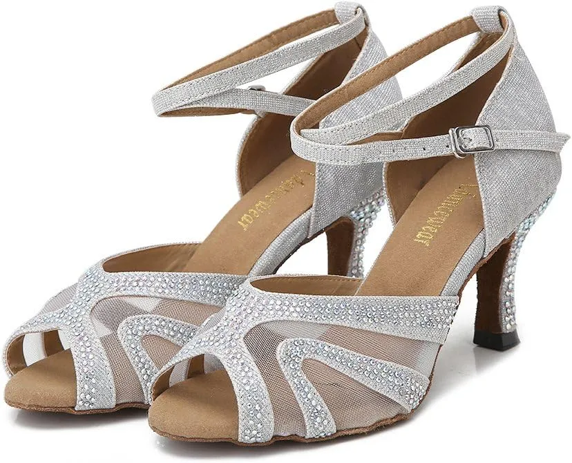 Rhinestones Ballroom Dance Shoes Women Latin Salsa Bachata Performance Dance Shoes Suede Sole
