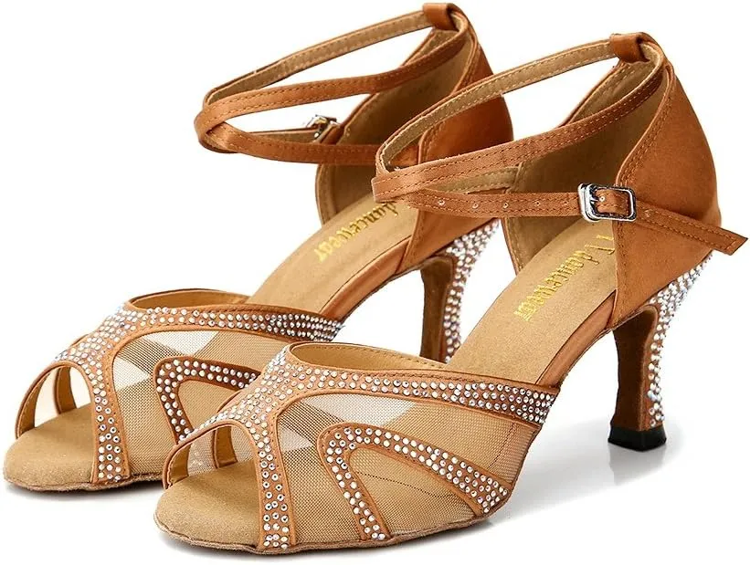 Rhinestones Ballroom Dance Shoes Women Latin Salsa Bachata Performance Dance Shoes Suede Sole