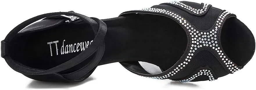 Rhinestones Ballroom Dance Shoes Women Latin Salsa Bachata Performance Dance Shoes Suede Sole