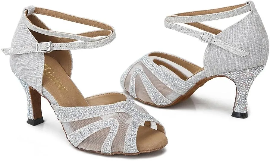 Rhinestones Ballroom Dance Shoes Women Latin Salsa Bachata Performance Dance Shoes Suede Sole