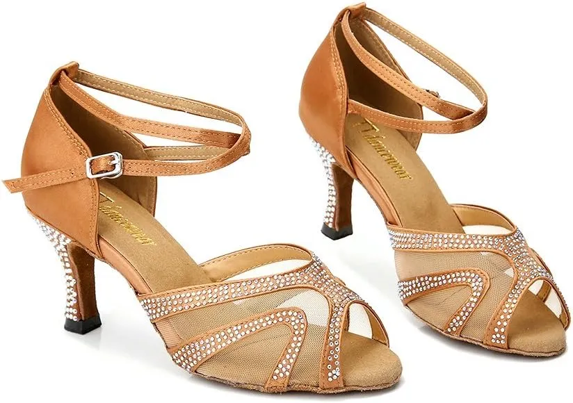 Rhinestones Ballroom Dance Shoes Women Latin Salsa Bachata Performance Dance Shoes Suede Sole