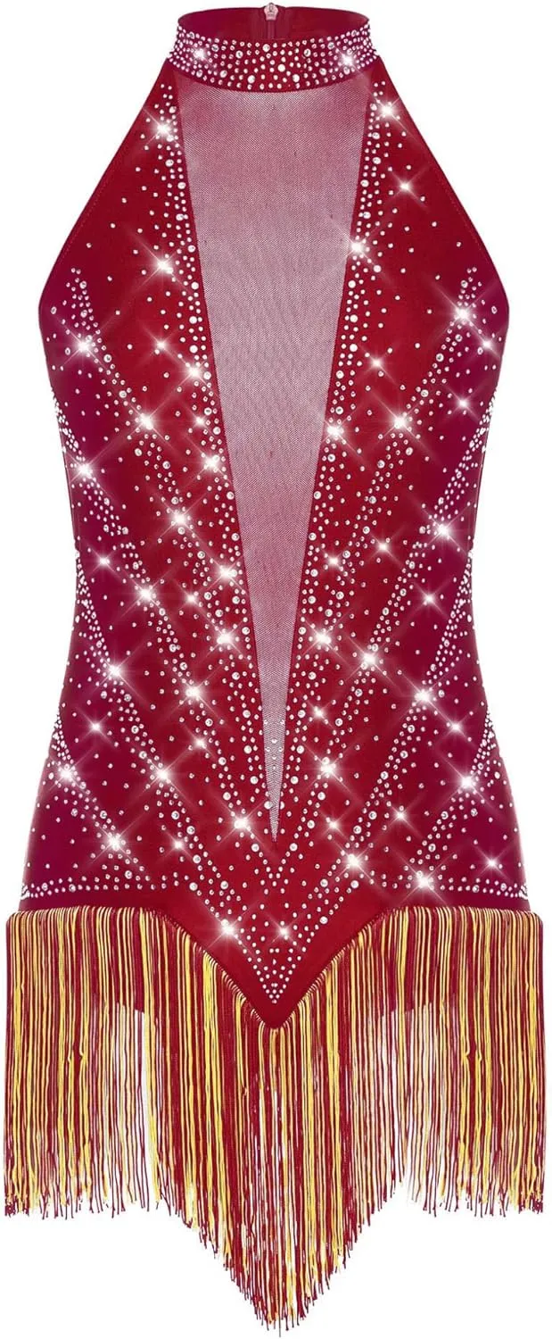 Rhinestones Tassel Bodysuit Fringes Dance Leotard Women's Latin Samba Rumba Party Dance Costume Outfit