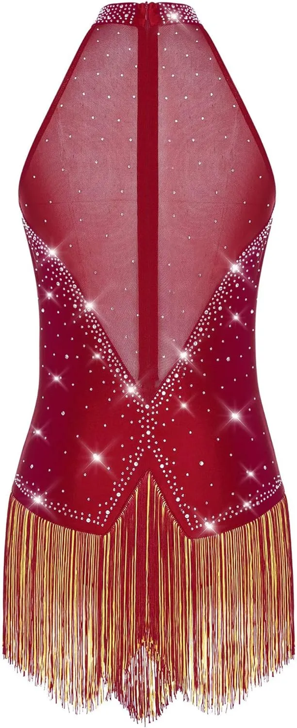 Rhinestones Tassel Bodysuit Fringes Dance Leotard Women's Latin Samba Rumba Party Dance Costume Outfit