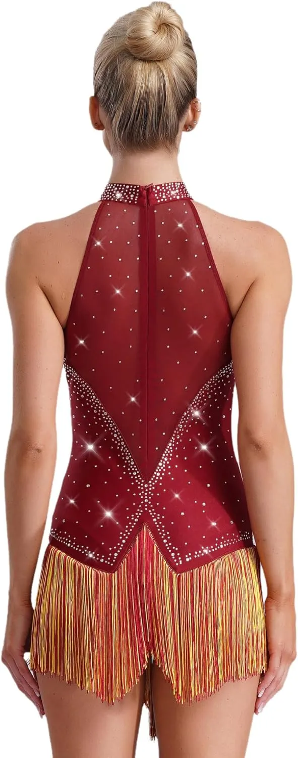 Rhinestones Tassel Bodysuit Fringes Dance Leotard Women's Latin Samba Rumba Party Dance Costume Outfit