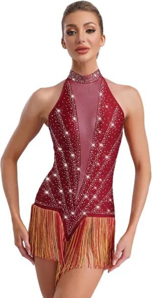 Rhinestones Tassel Bodysuit Fringes Dance Leotard Women's Latin Samba Rumba Party Dance Costume Outfit