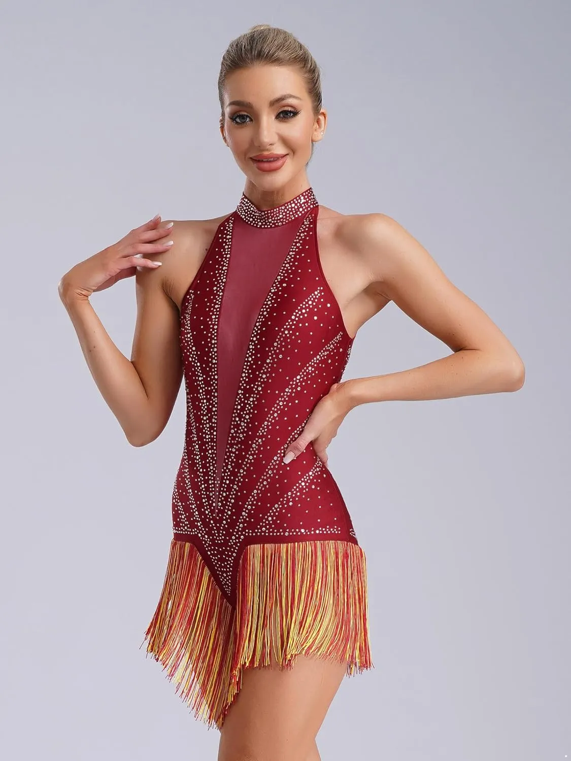 Rhinestones Tassel Bodysuit Fringes Dance Leotard Women's Latin Samba Rumba Party Dance Costume Outfit