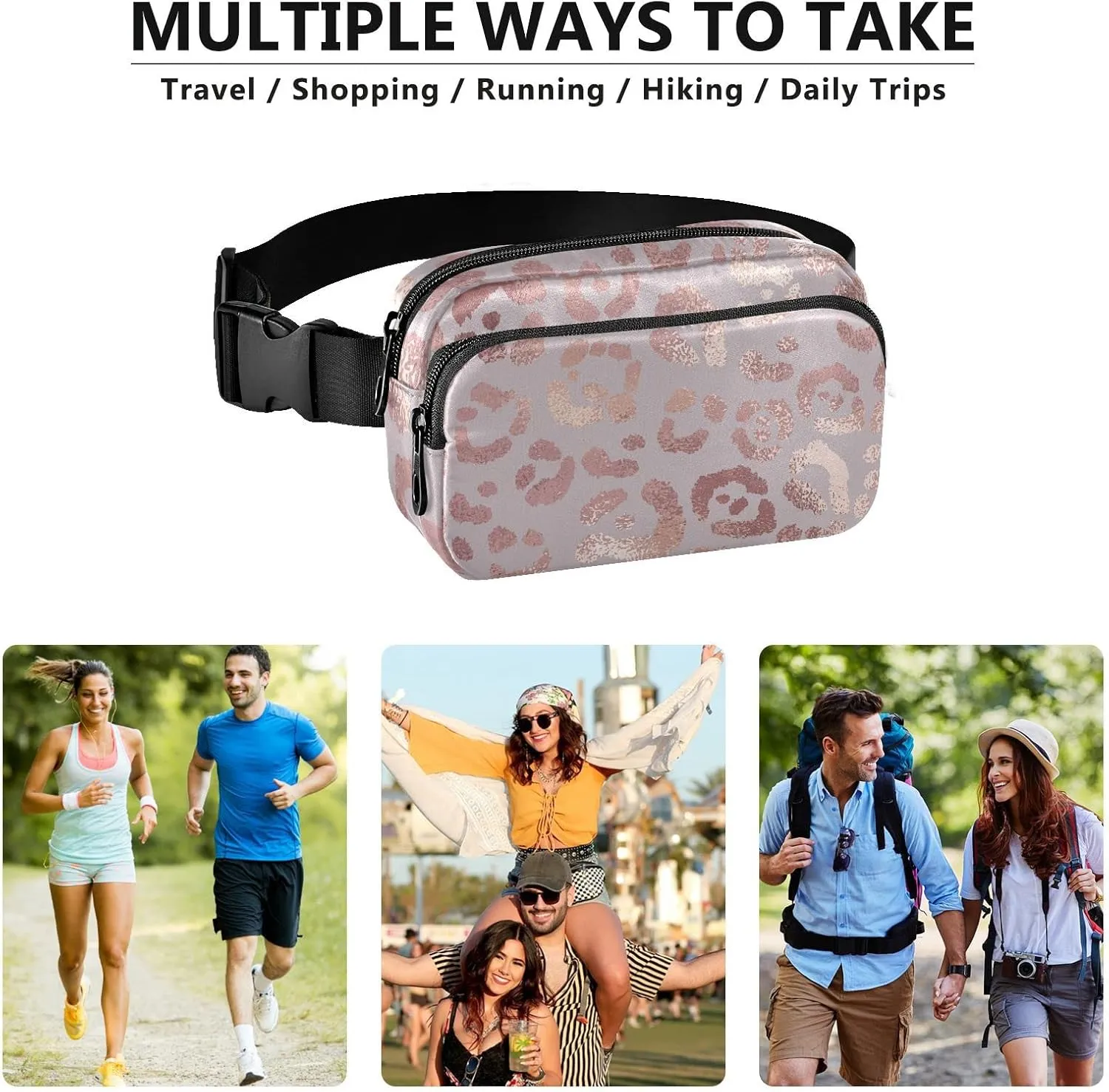 Rose Gold Leopard Fanny Packs for Women Men Crossbody Bag Fashion Waist Packs Waterproof Sling Bag Belt Bag Waist Pouch with Adjustable Strap for Travel Hiking Running Cycling Bum Bag Shoulder