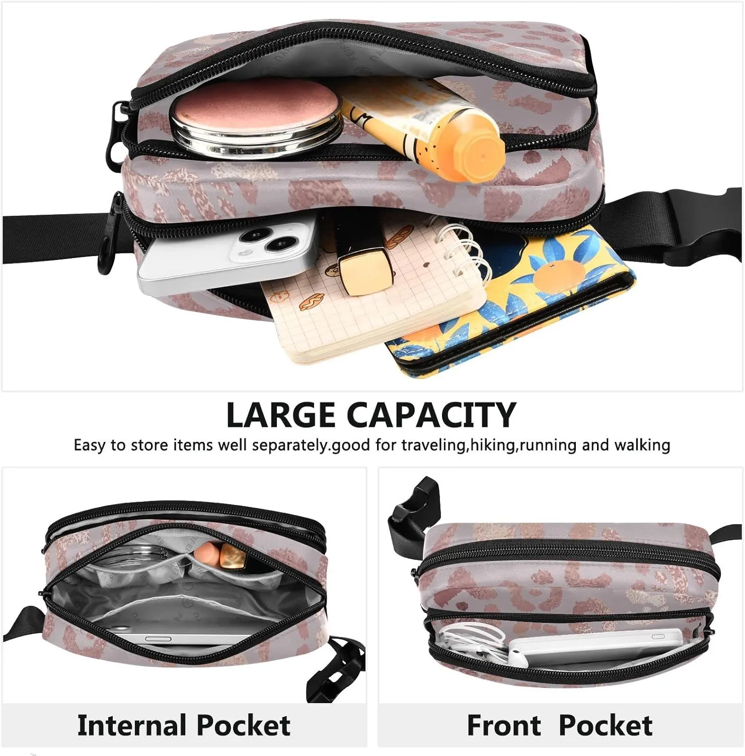 Rose Gold Leopard Fanny Packs for Women Men Crossbody Bag Fashion Waist Packs Waterproof Sling Bag Belt Bag Waist Pouch with Adjustable Strap for Travel Hiking Running Cycling Bum Bag Shoulder