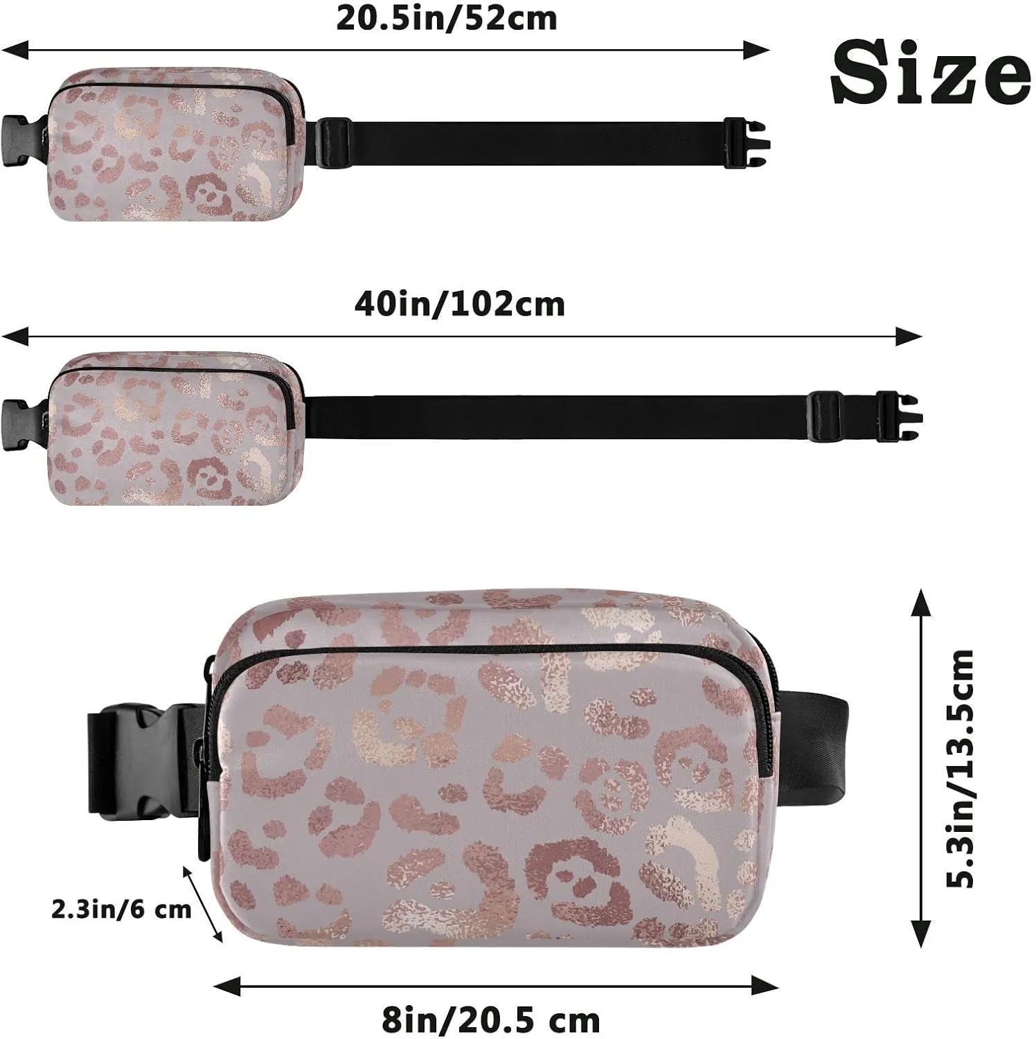 Rose Gold Leopard Fanny Packs for Women Men Crossbody Bag Fashion Waist Packs Waterproof Sling Bag Belt Bag Waist Pouch with Adjustable Strap for Travel Hiking Running Cycling Bum Bag Shoulder