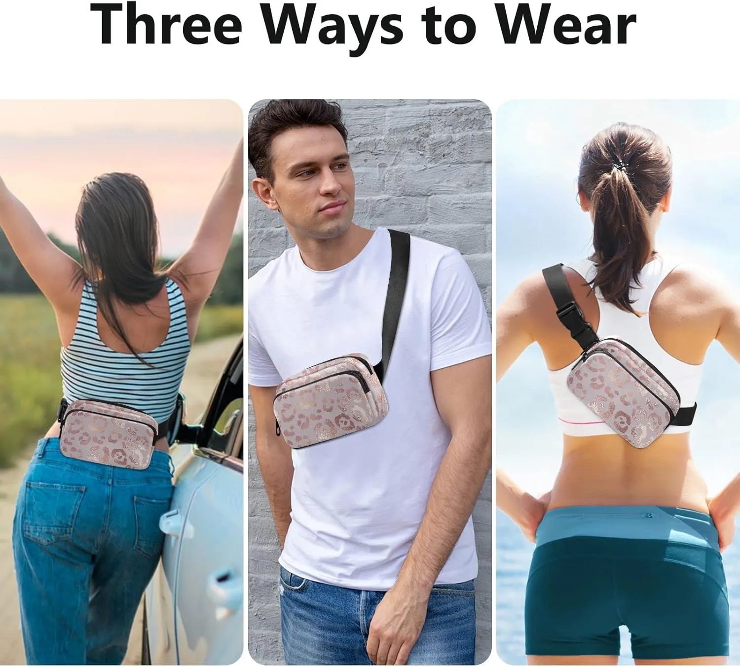 Rose Gold Leopard Fanny Packs for Women Men Crossbody Bag Fashion Waist Packs Waterproof Sling Bag Belt Bag Waist Pouch with Adjustable Strap for Travel Hiking Running Cycling Bum Bag Shoulder