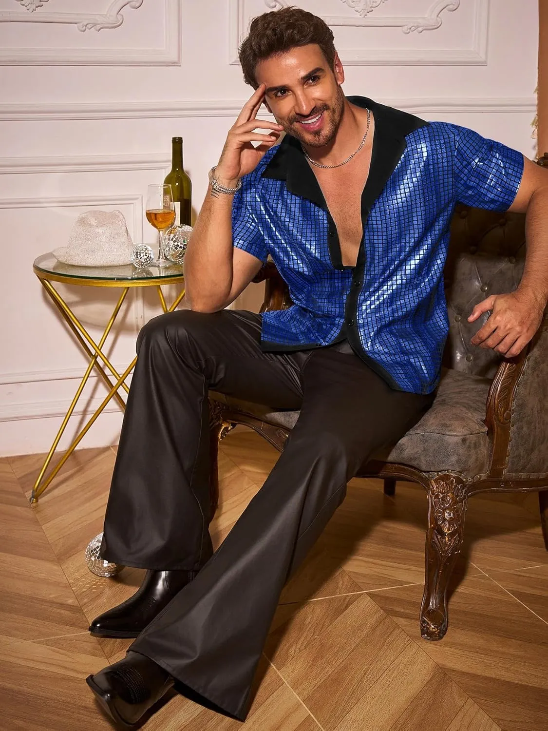 Runcati Mens Disco Shirt 70s Shirts Short Sleeve Button Down Vintage Sequin Metallic Disco Outfits Party Costume Top