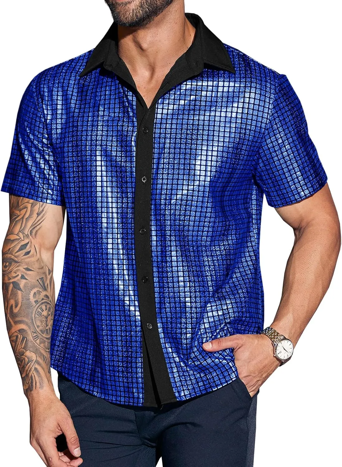 Runcati Mens Disco Shirt 70s Shirts Short Sleeve Button Down Vintage Sequin Metallic Disco Outfits Party Costume Top