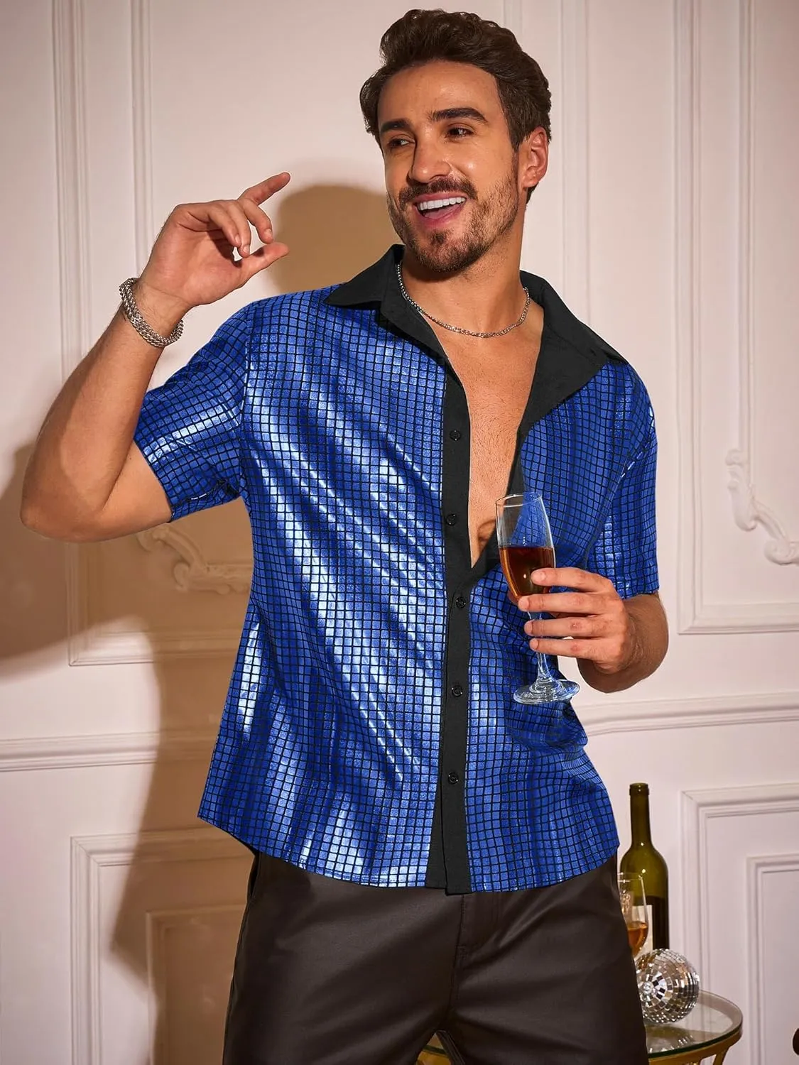 Runcati Mens Disco Shirt 70s Shirts Short Sleeve Button Down Vintage Sequin Metallic Disco Outfits Party Costume Top