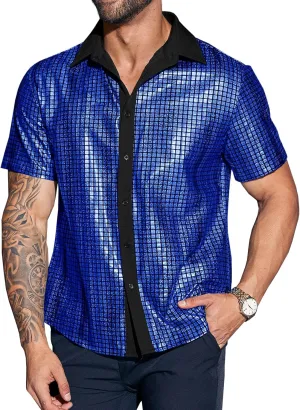Runcati Mens Disco Shirt 70s Shirts Short Sleeve Button Down Vintage Sequin Metallic Disco Outfits Party Costume Top