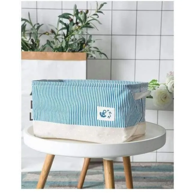 Rynx | Blue striped storage basket for books toys clothing organizer cotton foldable laundry basket home storage & organization