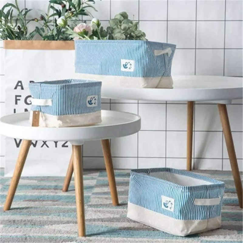Rynx | Blue striped storage basket for books toys clothing organizer cotton foldable laundry basket home storage & organization