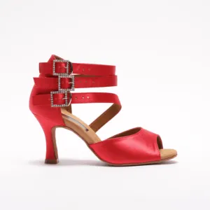 S248 - Ladies, Peep Toe, 3 Inch Flared Heel, Unique 3 Ankle Strap Dance Shoe