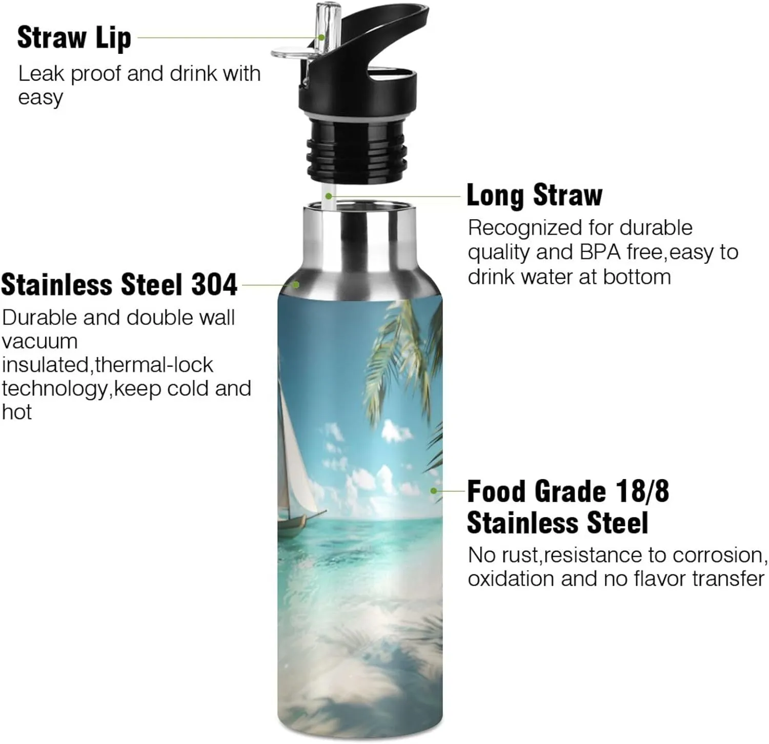 Sailboat Tropical Beach Water Bottle Insulated Sports Vacuum Stainless Steel Mug with Straw Lid & Handle 20 oz