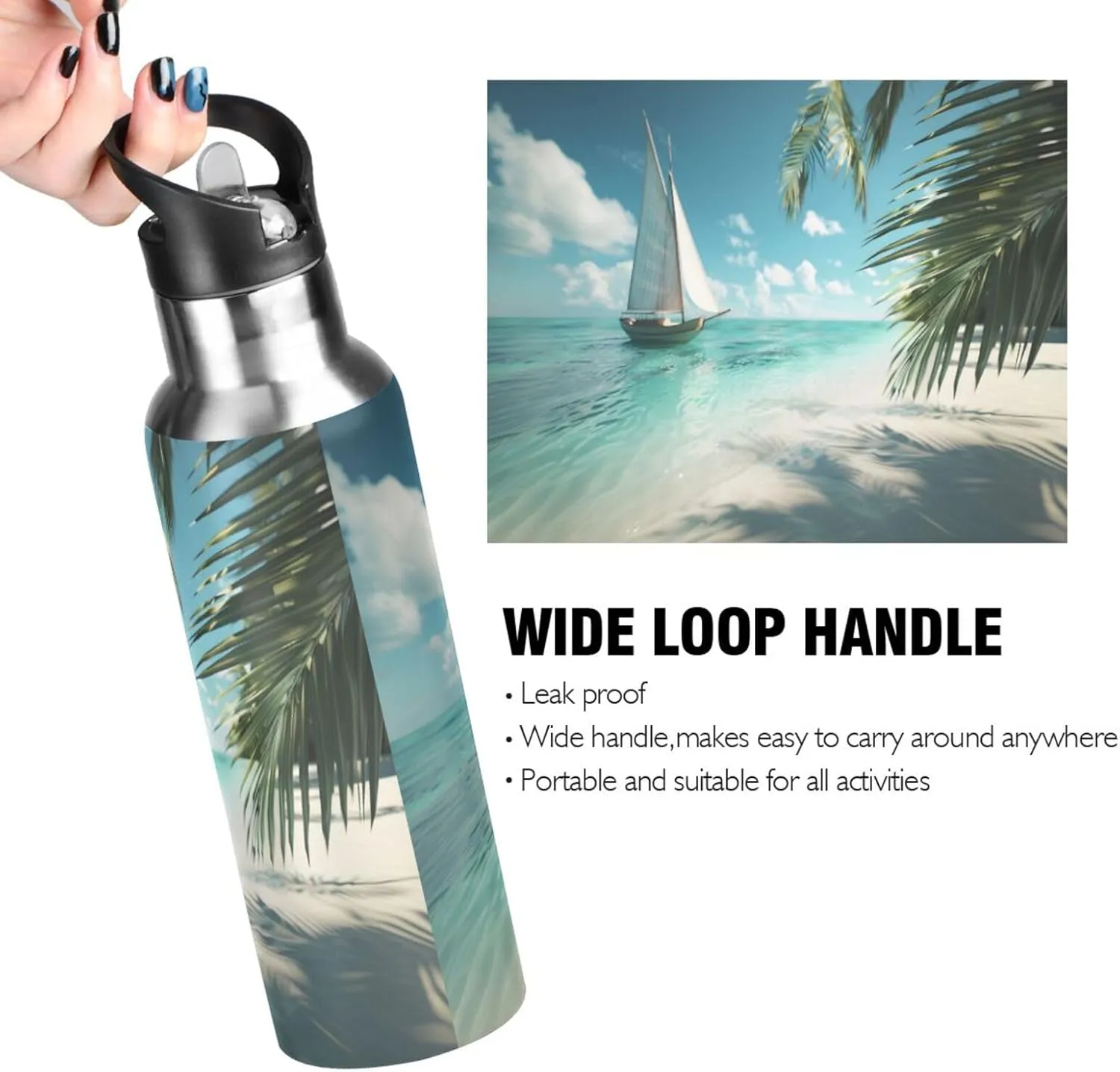 Sailboat Tropical Beach Water Bottle Insulated Sports Vacuum Stainless Steel Mug with Straw Lid & Handle 20 oz