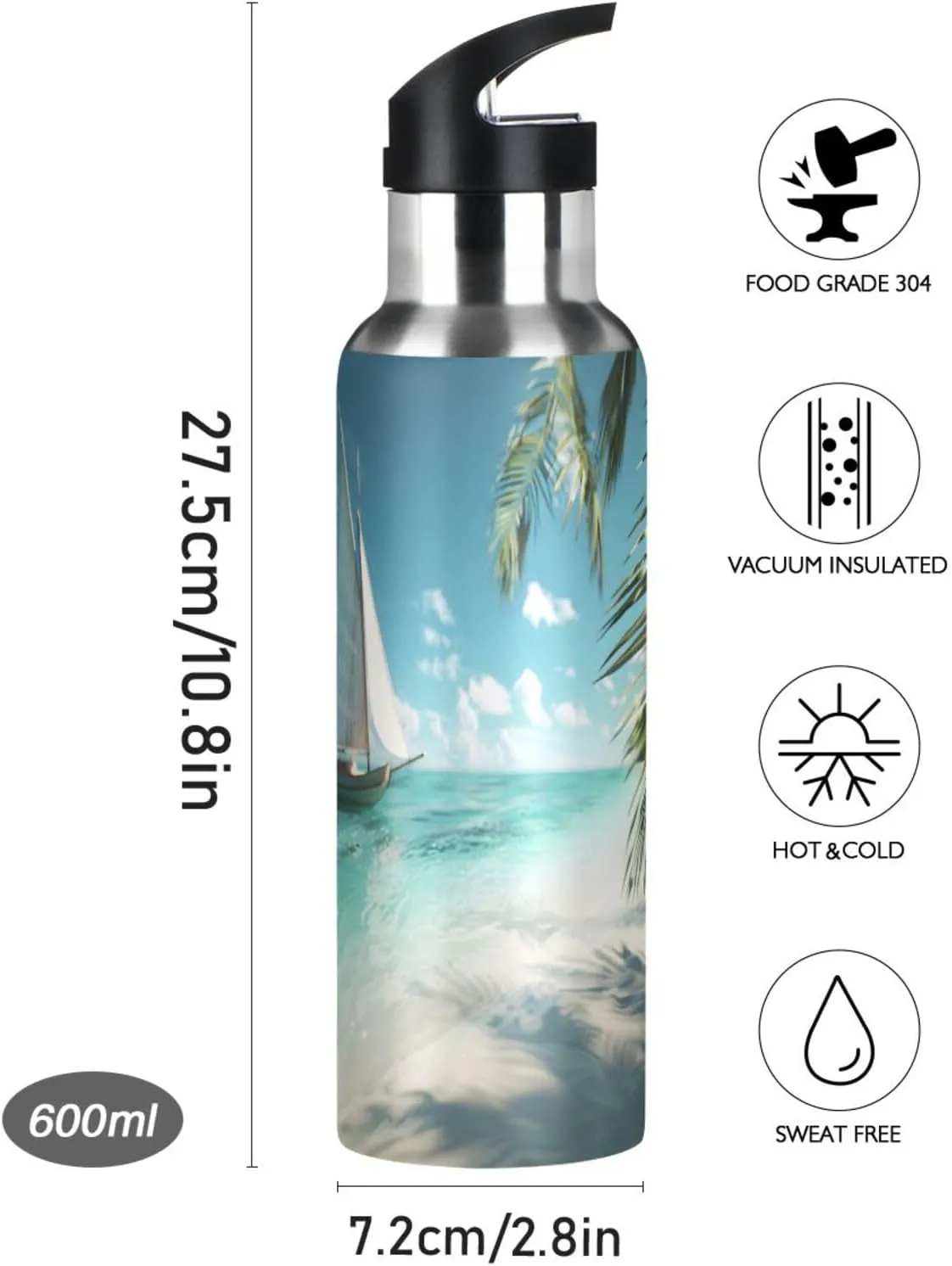 Sailboat Tropical Beach Water Bottle Insulated Sports Vacuum Stainless Steel Mug with Straw Lid & Handle 20 oz