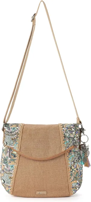 Sakroots Artist Circle Foldover Crossbody in Coated Canvas, Adjustable Crossbody Strap, Mint Spirit Desert