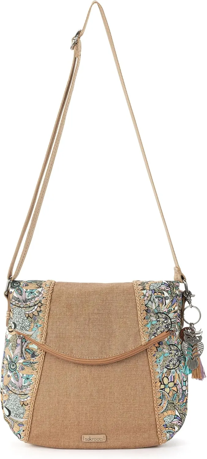 Sakroots Artist Circle Foldover Crossbody in Coated Canvas, Adjustable Crossbody Strap, Mint Spirit Desert