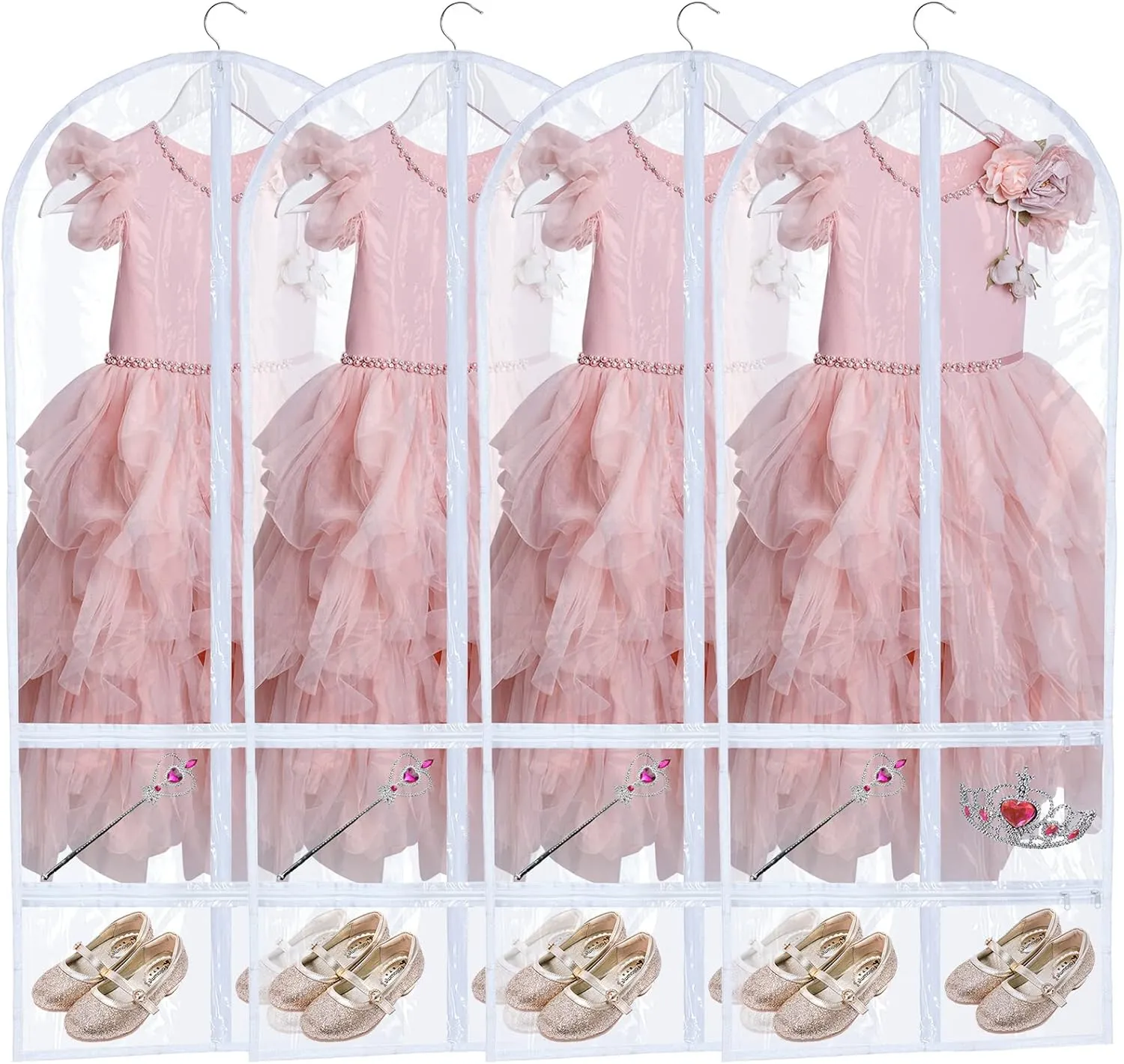 Sanwuta 4 Pcs Clear Large Dance Garment Bags for Dancers Costume Long Garment Bag with 4 Zipper Pockets for Competitions(22.8 x 51 Inch,Clear)