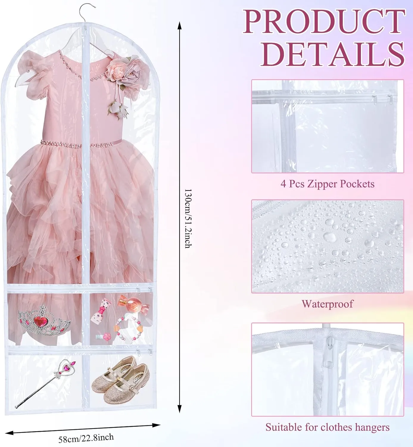 Sanwuta 4 Pcs Clear Large Dance Garment Bags for Dancers Costume Long Garment Bag with 4 Zipper Pockets for Competitions(22.8 x 51 Inch,Clear)