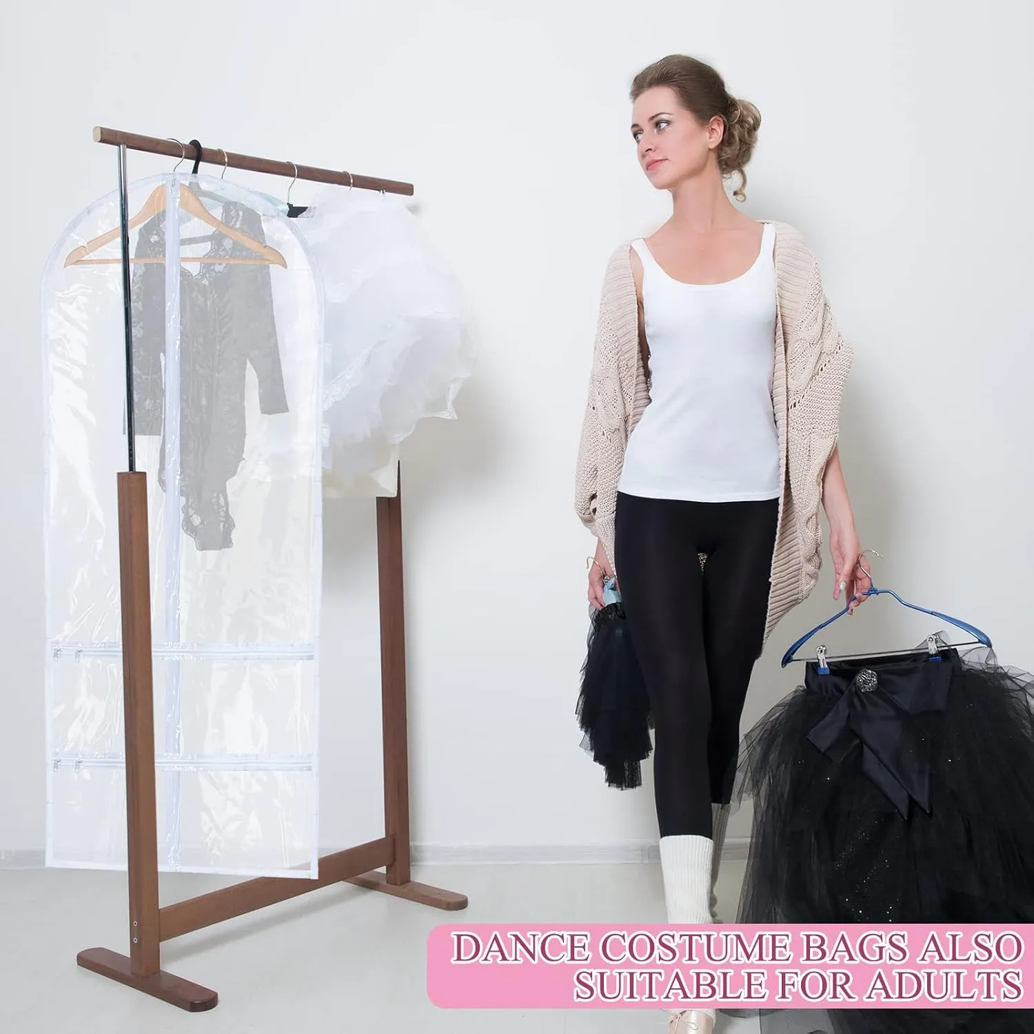Sanwuta 4 Pcs Clear Large Dance Garment Bags for Dancers Costume Long Garment Bag with 4 Zipper Pockets for Competitions(22.8 x 51 Inch,Clear)