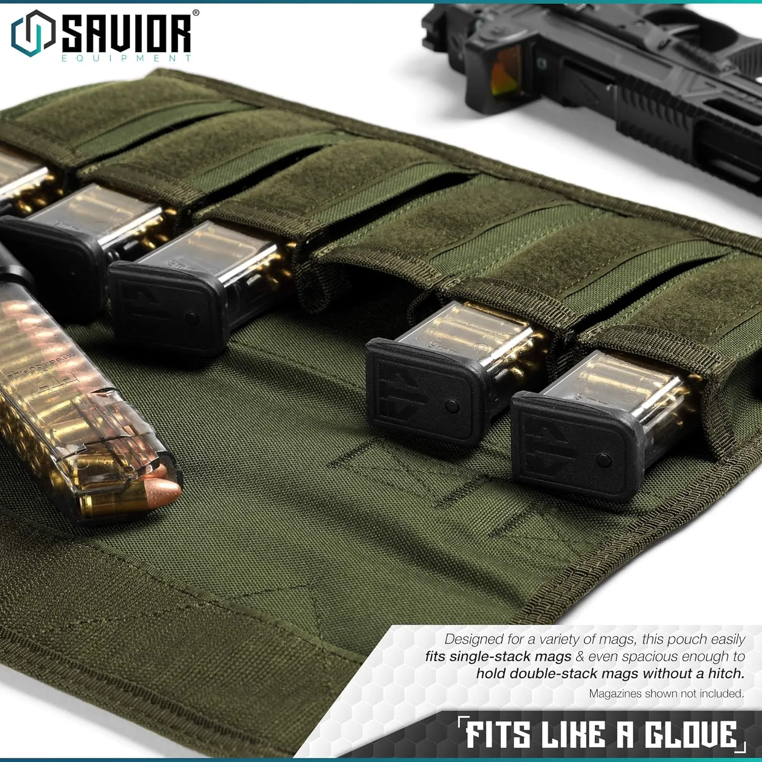 Savior Equipment Tactical Pistol Magazine Storage Pouch w/Hook-N-Loop Cover Panel - Shoulder Strap Included, Reinforced D-Rings, Fits Most Single Double Stack 9mm .40 .45 Mags Holster, 6 Slots
