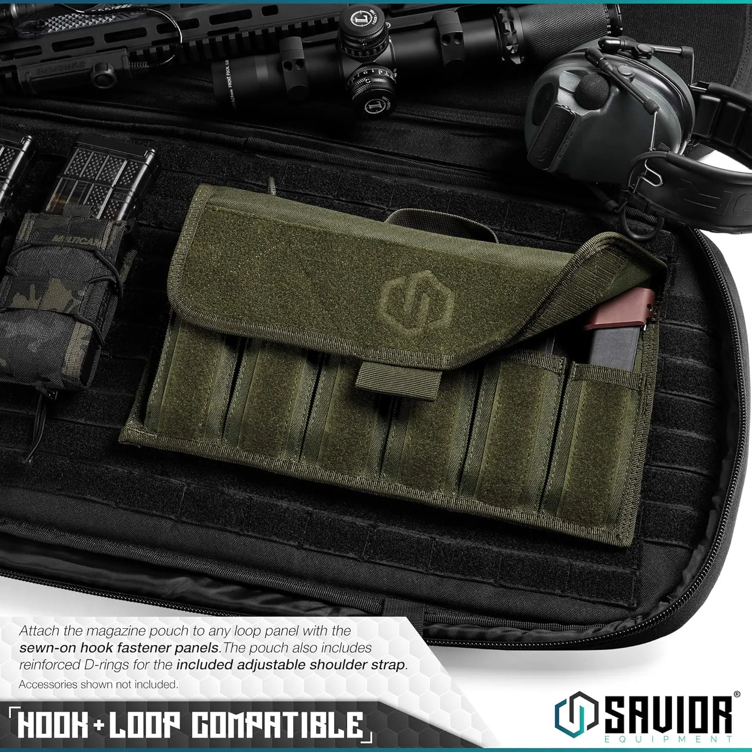 Savior Equipment Tactical Pistol Magazine Storage Pouch w/Hook-N-Loop Cover Panel - Shoulder Strap Included, Reinforced D-Rings, Fits Most Single Double Stack 9mm .40 .45 Mags Holster, 6 Slots