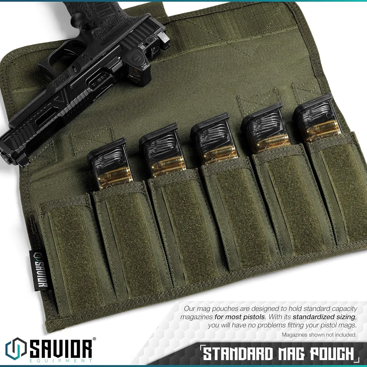 Savior Equipment Tactical Pistol Magazine Storage Pouch w/Hook-N-Loop Cover Panel - Shoulder Strap Included, Reinforced D-Rings, Fits Most Single Double Stack 9mm .40 .45 Mags Holster, 6 Slots