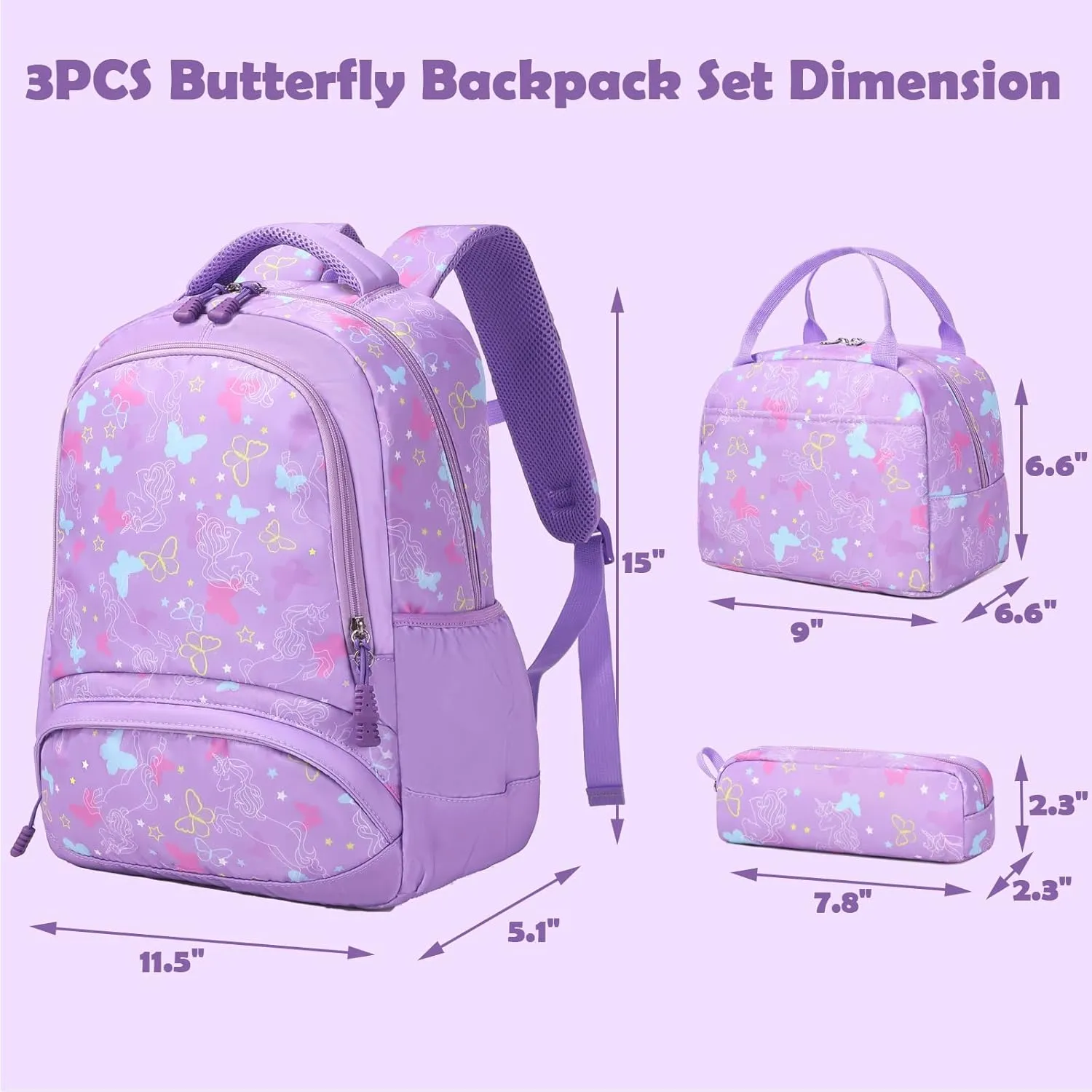 School Backpack for Girls, 3PCS Backpack Set with Lunch Box Pencil Case for Preschool Elementary High School Kids Teens