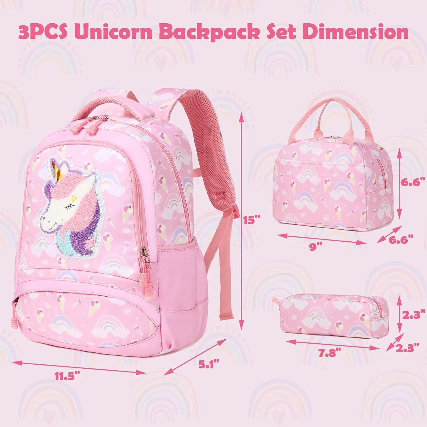 School Backpack for Girls, 3PCS Backpack Set with Lunch Box Pencil Case for Preschool Elementary High School Kids Teens
