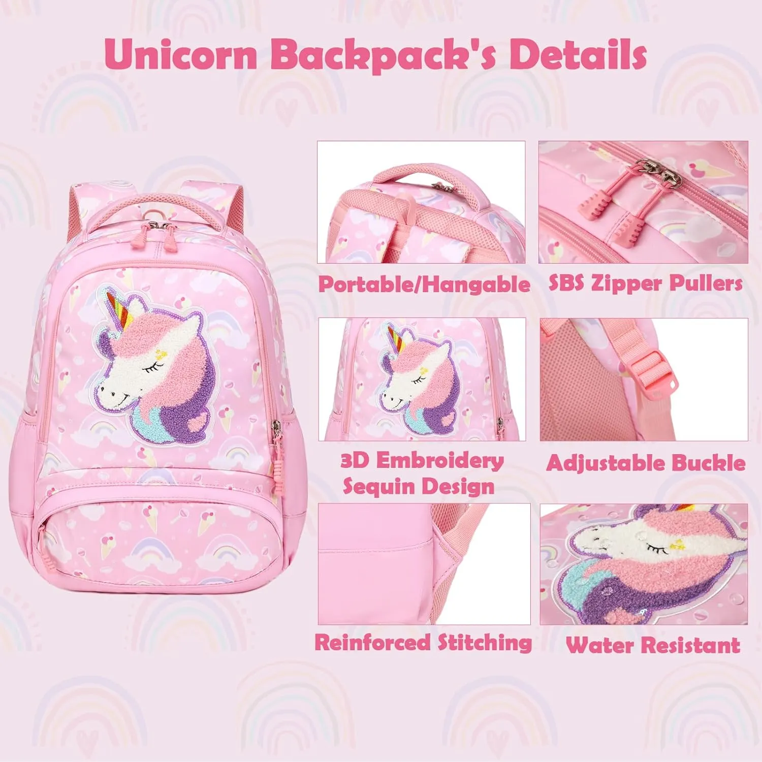 School Backpack for Girls, 3PCS Backpack Set with Lunch Box Pencil Case for Preschool Elementary High School Kids Teens