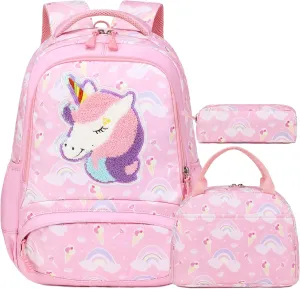 School Backpack for Girls, 3PCS Backpack Set with Lunch Box Pencil Case for Preschool Elementary High School Kids Teens