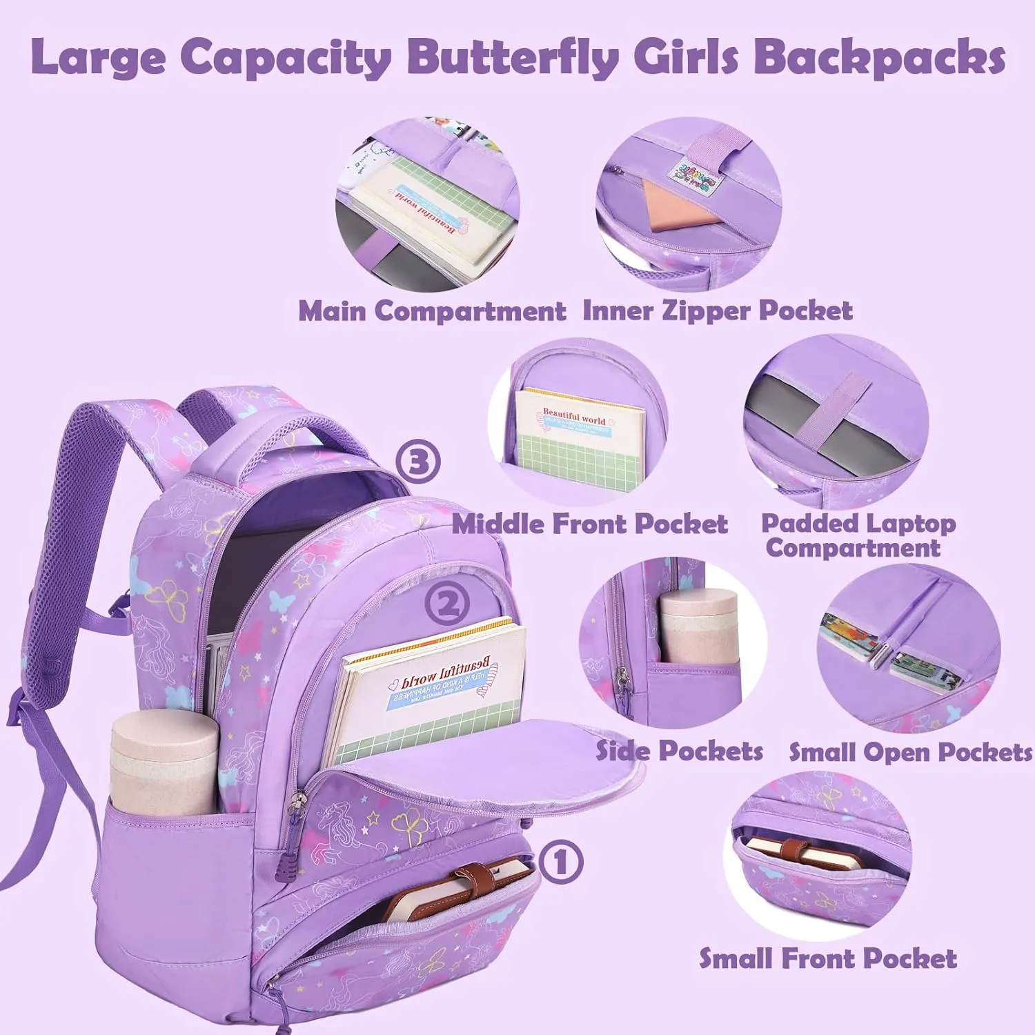 School Backpack for Girls, 3PCS Backpack Set with Lunch Box Pencil Case for Preschool Elementary High School Kids Teens