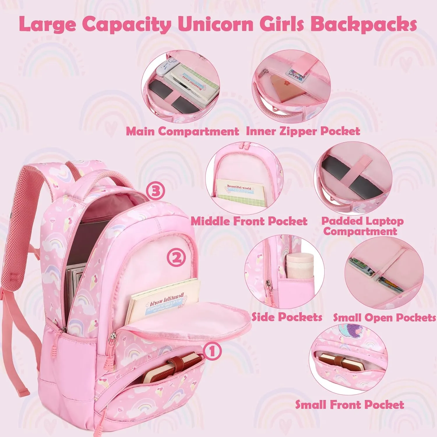 School Backpack for Girls, 3PCS Backpack Set with Lunch Box Pencil Case for Preschool Elementary High School Kids Teens