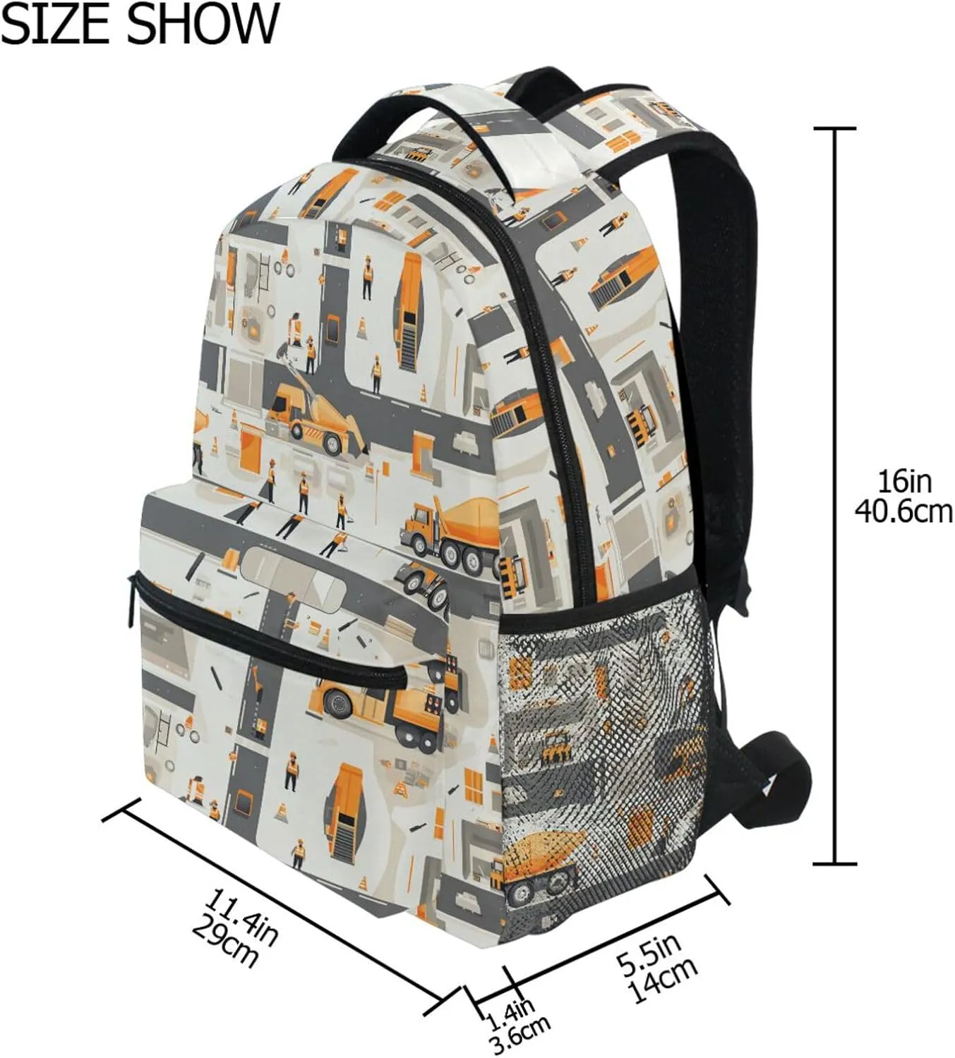 School Backpack for Men Women Fashion Travel Laptop Backpack with Chest Strap for Business Work College Travel Trip Construction Scene Concrete Mixer Truck