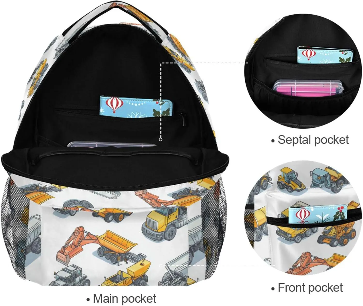 School Backpack for Teacher Nurse Waterproof Diaper Bag Backpack with Chest Strap for College Work Construction Vehicles