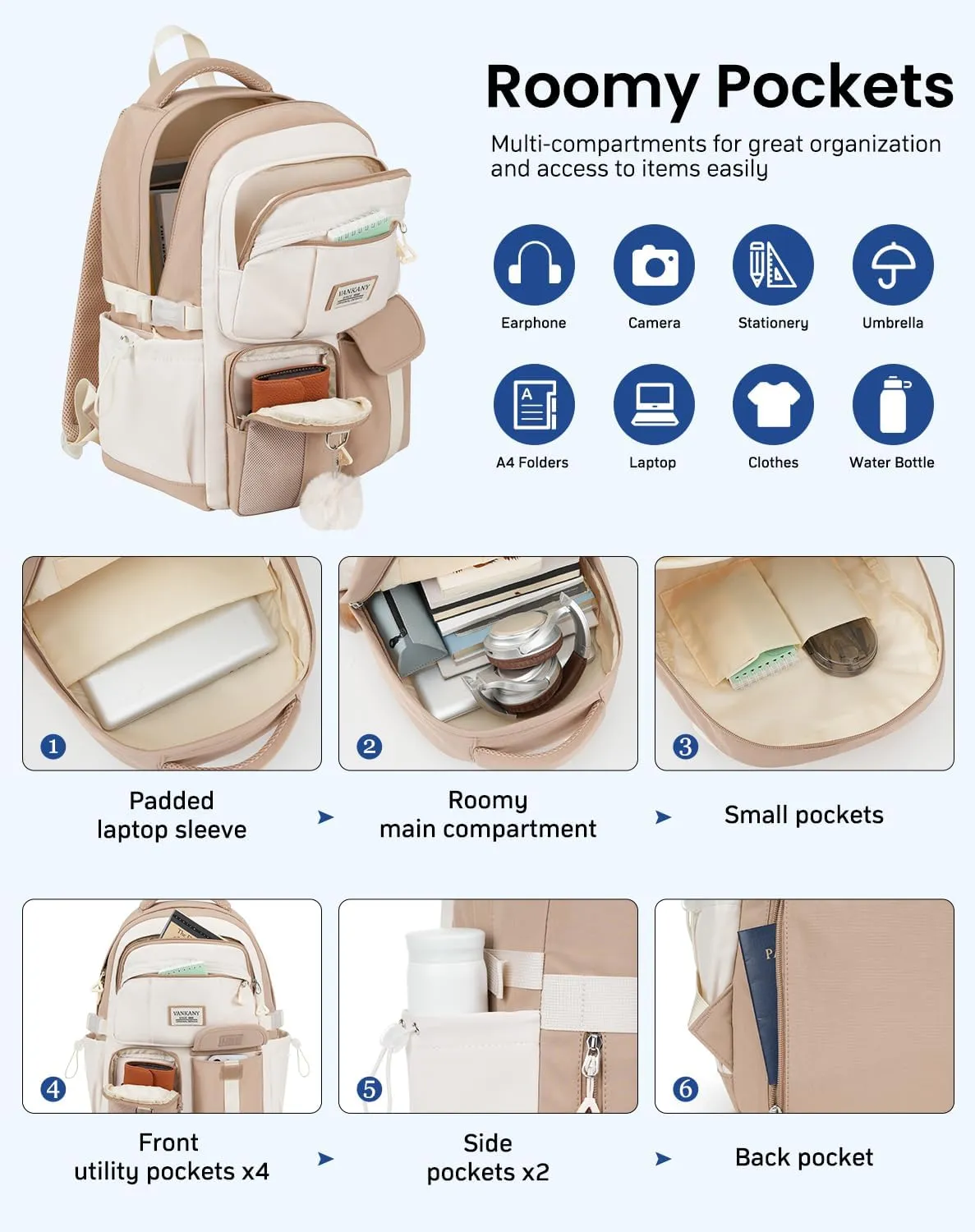 School Backpack for Teen Girls, 15.6in Laptop Bag Cute Bookbag Aesthetic for Middle School Big Student College Women Mochilas Escolares Niñas (Khaki Beige)