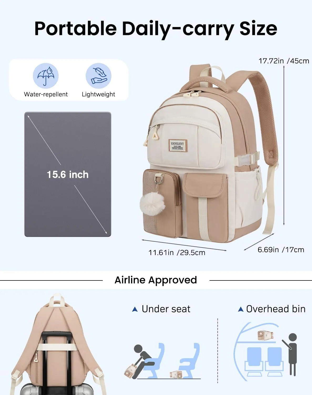 School Backpack for Teen Girls, 15.6in Laptop Bag Cute Bookbag Aesthetic for Middle School Big Student College Women Mochilas Escolares Niñas (Khaki Beige)