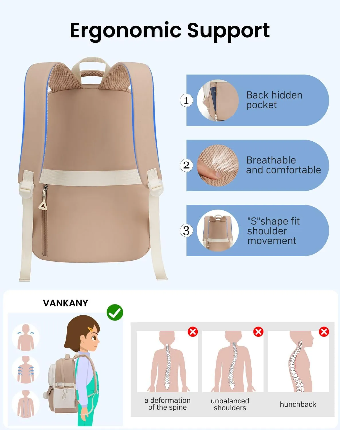 School Backpack for Teen Girls, 15.6in Laptop Bag Cute Bookbag Aesthetic for Middle School Big Student College Women Mochilas Escolares Niñas (Khaki Beige)