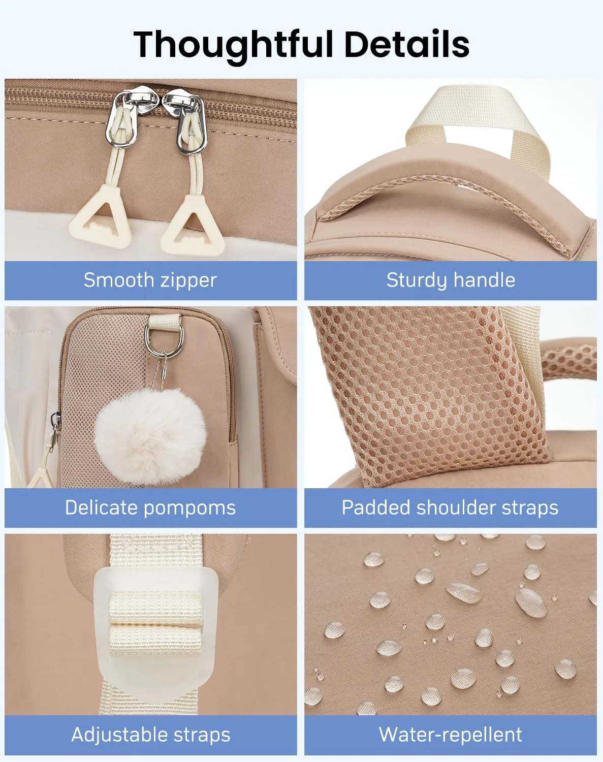 School Backpack for Teen Girls, 15.6in Laptop Bag Cute Bookbag Aesthetic for Middle School Big Student College Women Mochilas Escolares Niñas (Khaki Beige)