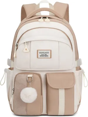 School Backpack for Teen Girls, 15.6in Laptop Bag Cute Bookbag Aesthetic for Middle School Big Student College Women Mochilas Escolares Niñas (Khaki Beige)
