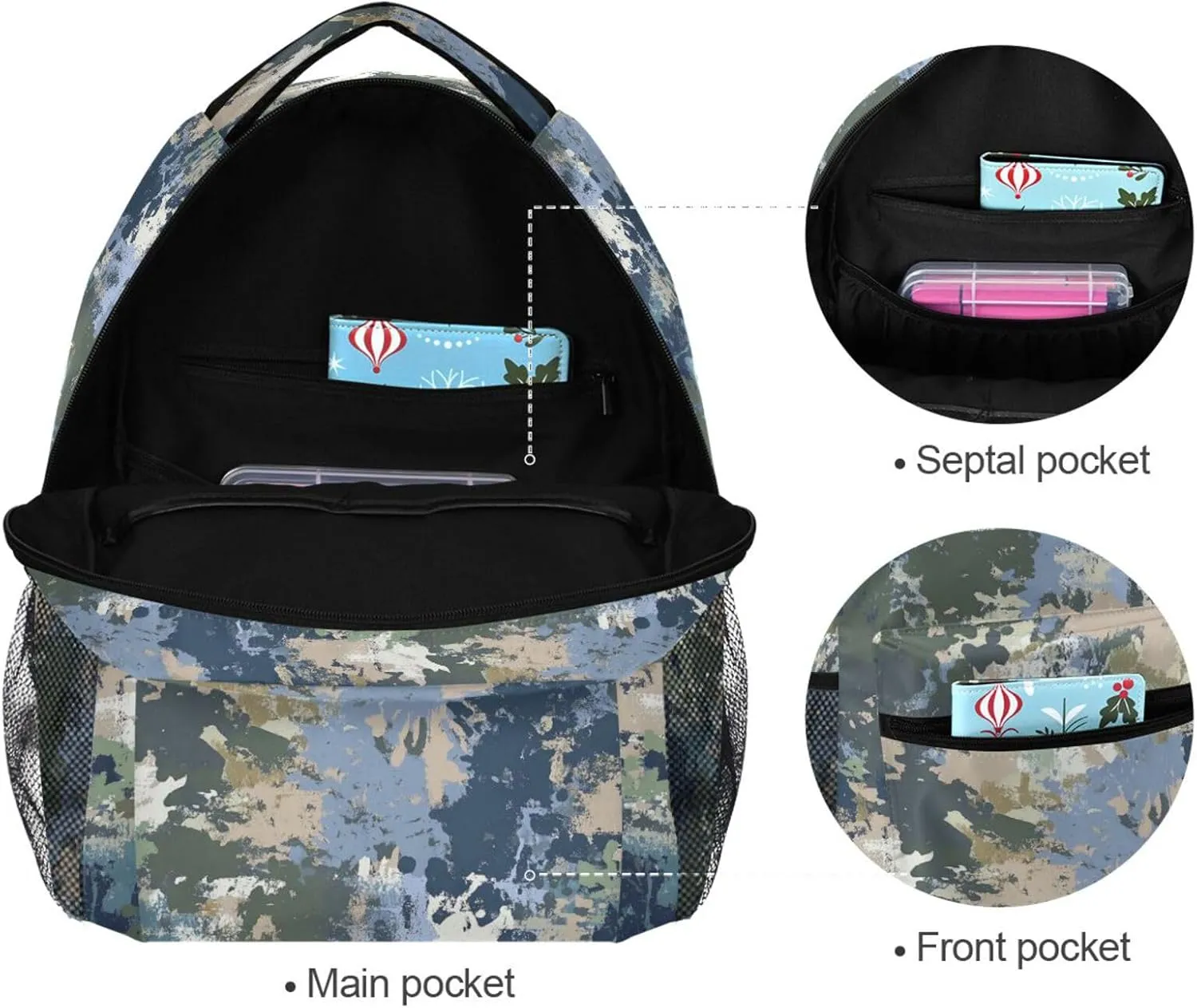 School Backpack for Teens Boys Girls Waterproof School Bag with Chest Strap for College Work Army Camouflage Blue Camouflage