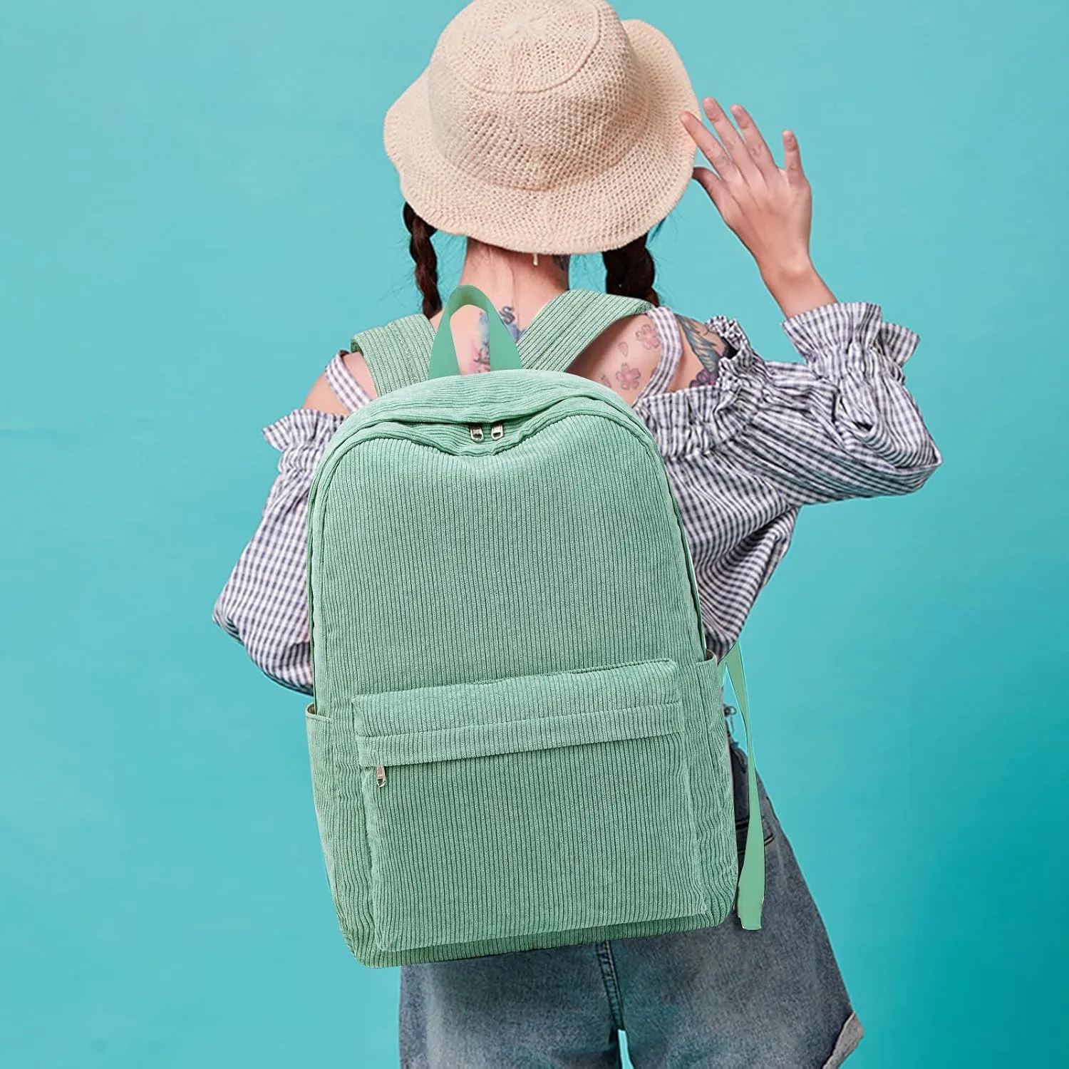 School Backpack for Teens Large Corduroy Bookbag Lightweight 17 inch Laptop Bag for Girls Women Casual High School College Work (Green, 17 inch)