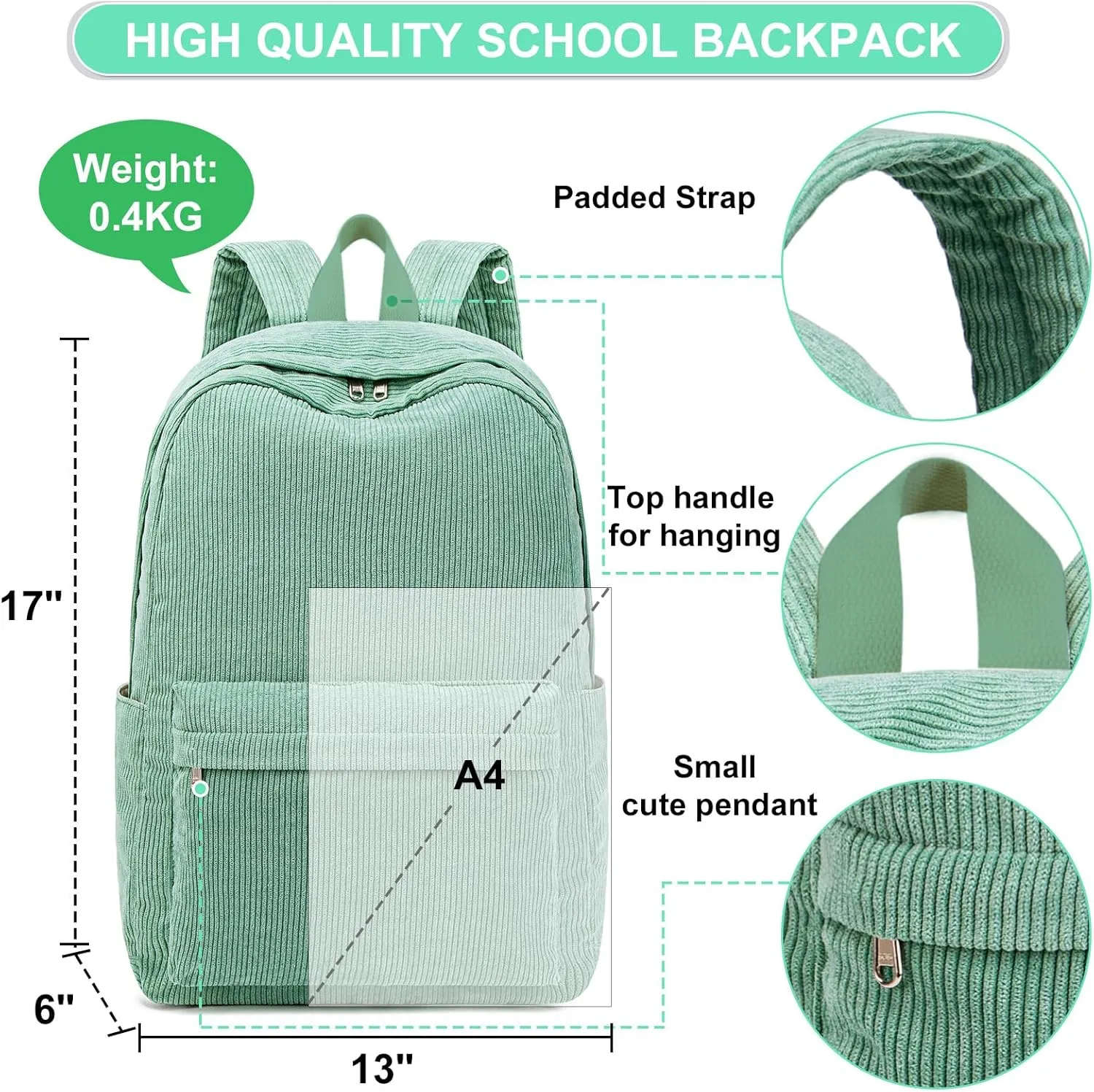 School Backpack for Teens Large Corduroy Bookbag Lightweight 17 inch Laptop Bag for Girls Women Casual High School College Work (Green, 17 inch)