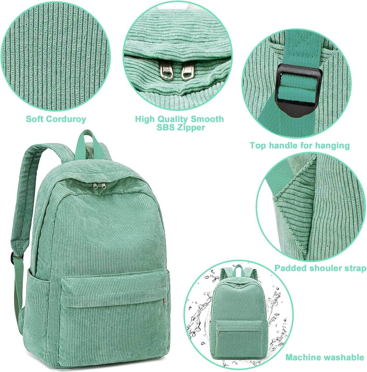 School Backpack for Teens Large Corduroy Bookbag Lightweight 17 inch Laptop Bag for Girls Women Casual High School College Work (Green, 17 inch)