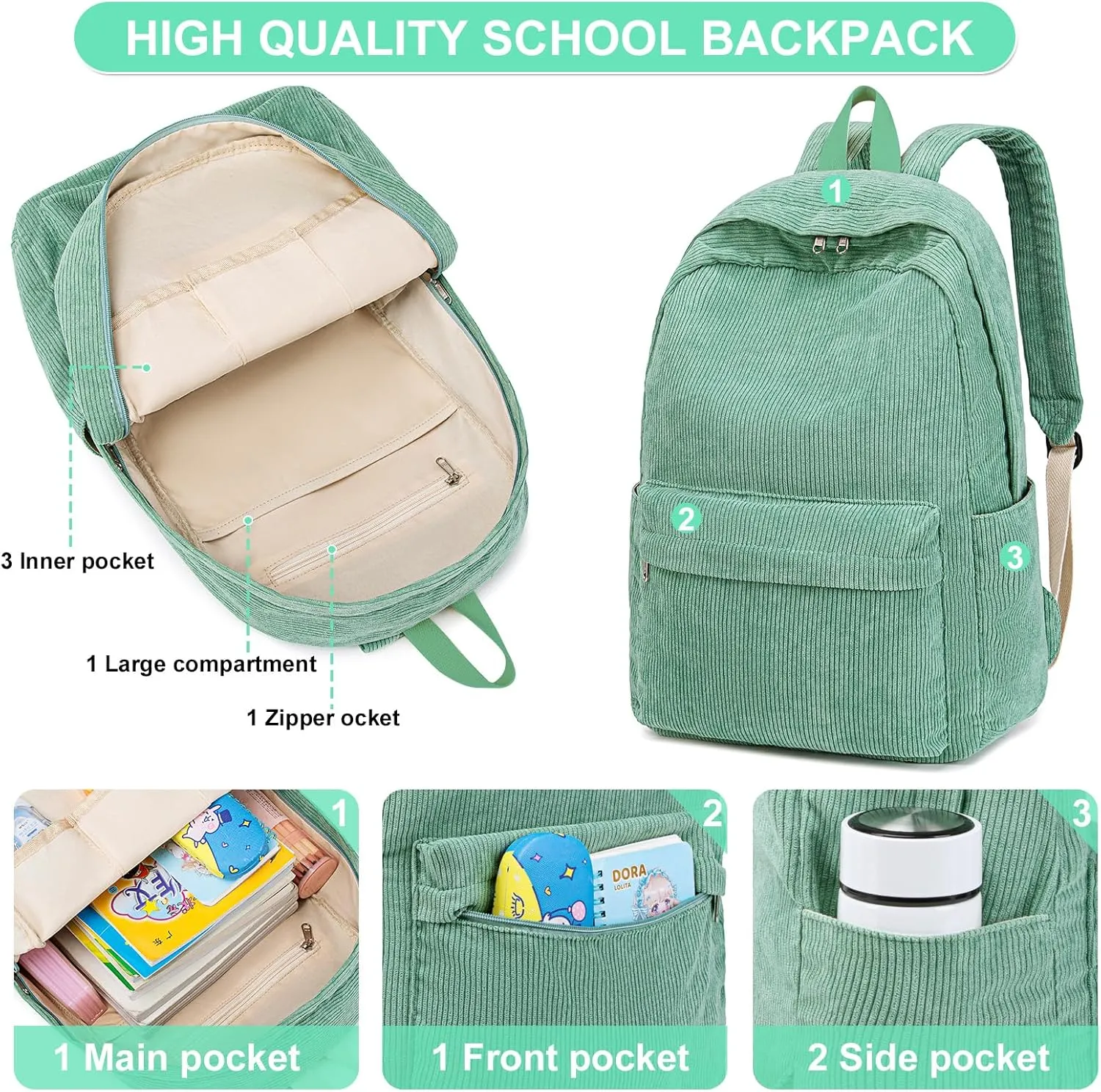 School Backpack for Teens Large Corduroy Bookbag Lightweight 17 inch Laptop Bag for Girls Women Casual High School College Work (Green, 17 inch)